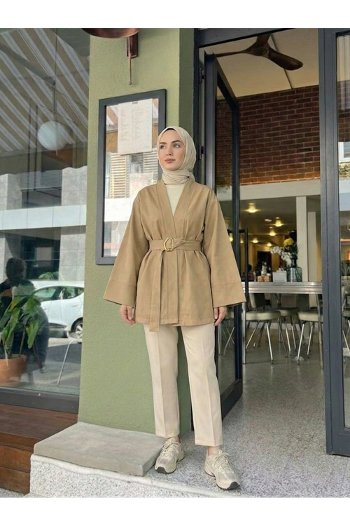Geniş Manşet Kuşak Detay Ceket-Karamel