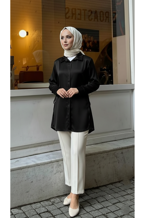 Yan Bağlamalı Saten Tunik-Siyah