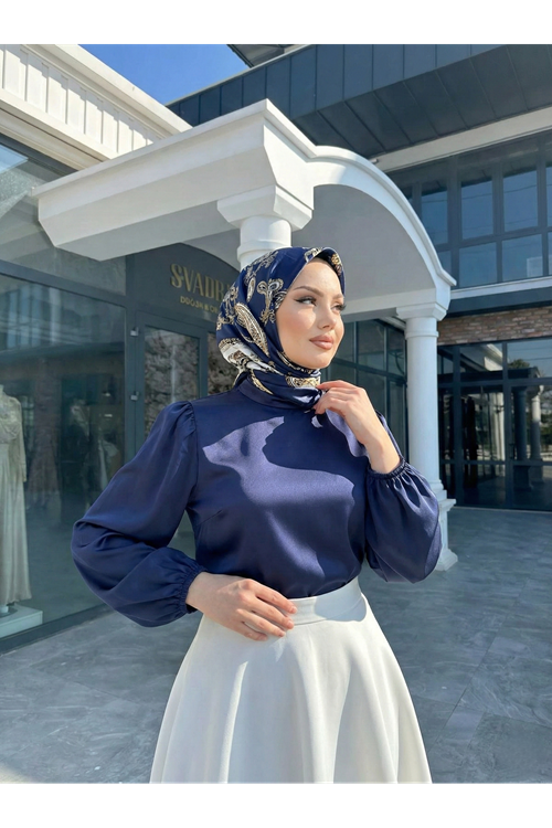 Arka Fermuar Detay Saten Tunik-Lacivert