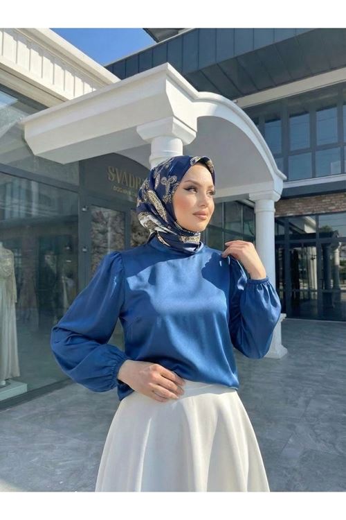 Arka Fermuar Detay Saten Tunik-Petrol Mavisi