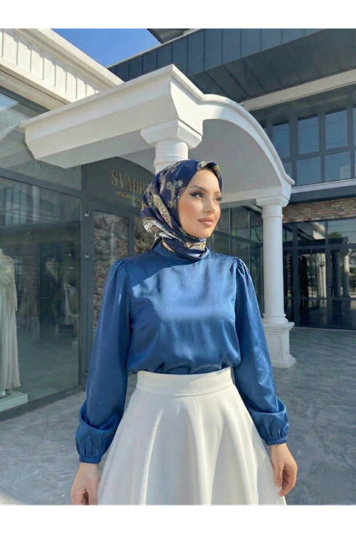 Arka Fermuar Detay Saten Tunik-Petrol Mavisi