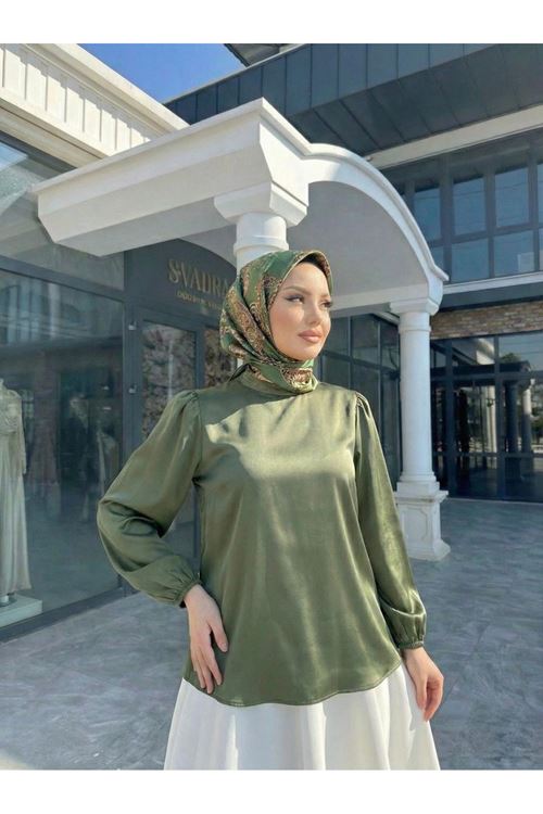 Arka Fermuar Detay Saten Tunik-Haki