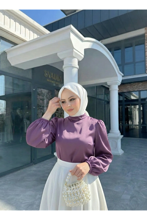 Arka Fermuar Detay Saten Tunik-Gül Kurusu