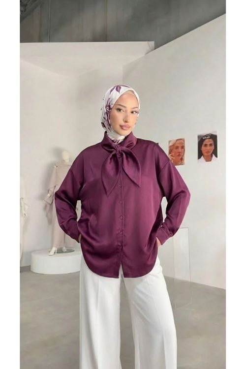 Yaka Detay Saten Tunik-Mürdüm
