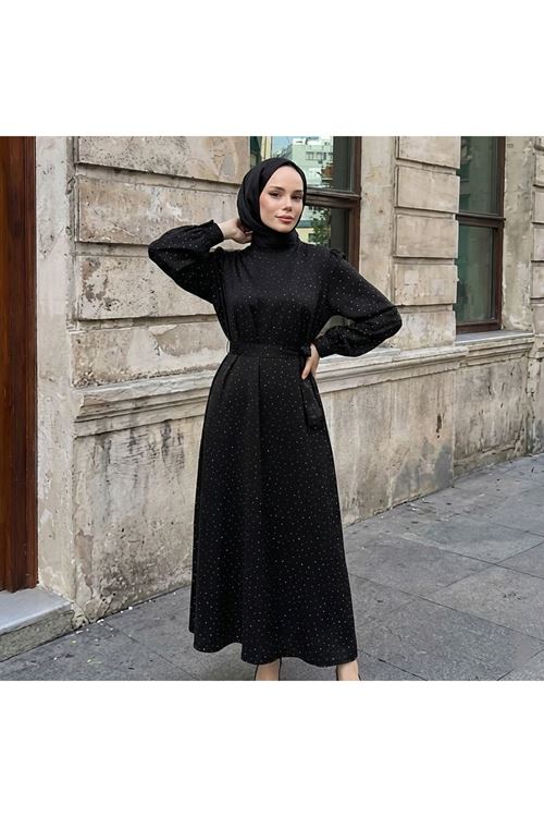 Saten Taşlı Elbise-Siyah