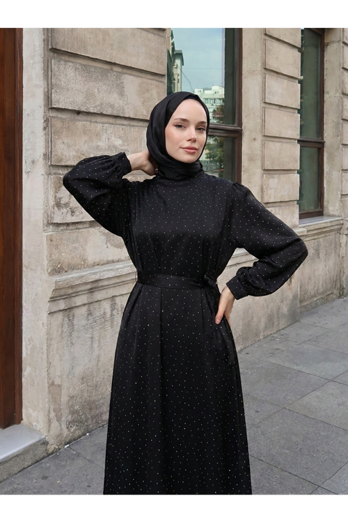 Saten Taşlı Elbise-Siyah