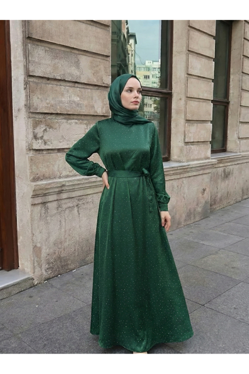 Saten Taşlı Elbise-Zümrüt Yeşili