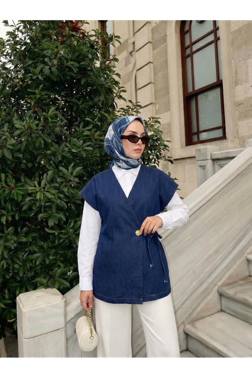 Ön Bağlamalı Düğme Detay Kot Yelek-Kot Rengi
