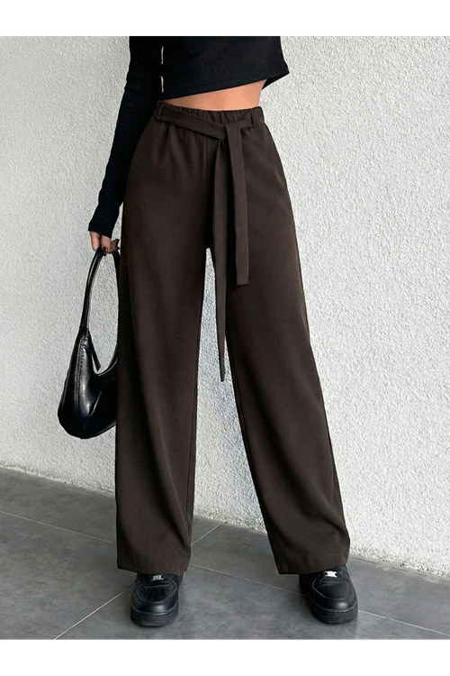 Kadın Beli Lastikli Bağlama Detaylı Geniş Paça Tesettür Pantolon-Kahve