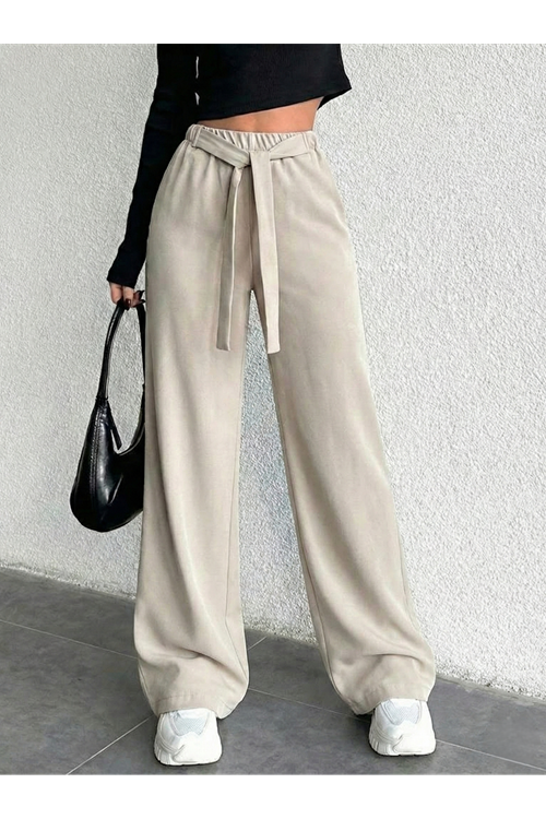 Kadın Beli Lastikli Bağlama Detaylı Geniş Paça Tesettür Pantolon-Taş