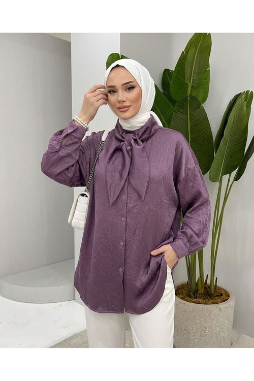 Yaka Detay Saten Tunik-Gül Kurusu