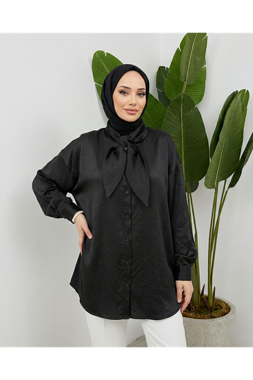 Yaka Detay Saten Tunik-Siyah
