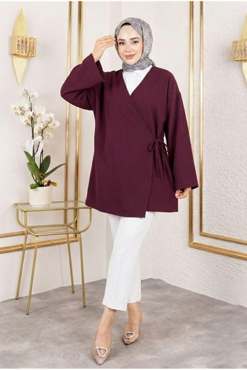 Yan Bağlamalı Atlas Tunik-Bordo