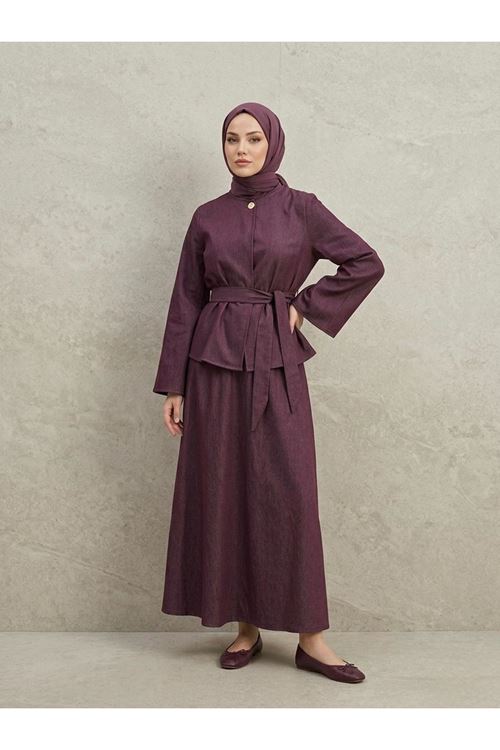 Kuşaklı Tek Düğme Etekli Takım-Bordo