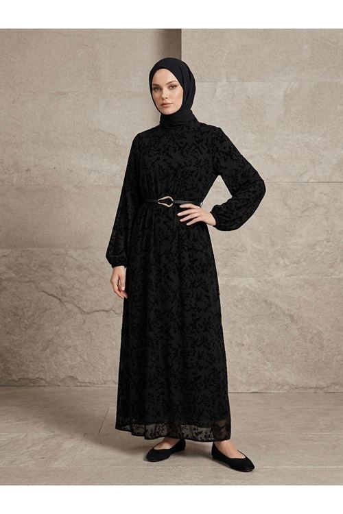 Flok Baskılı Tül Elbise-Siyah
