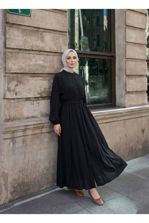 Yarasa Kol Bel Lastikli Elbise-Siyah