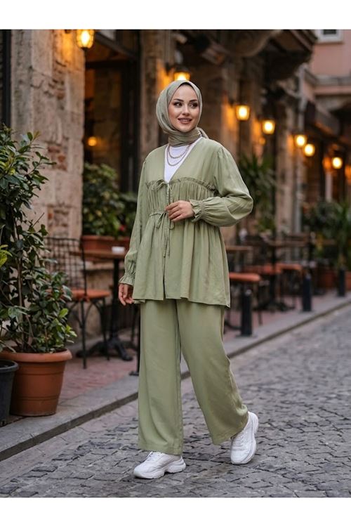 Büzgülü Bağlamalı Pantolonlu Takım-Haki
