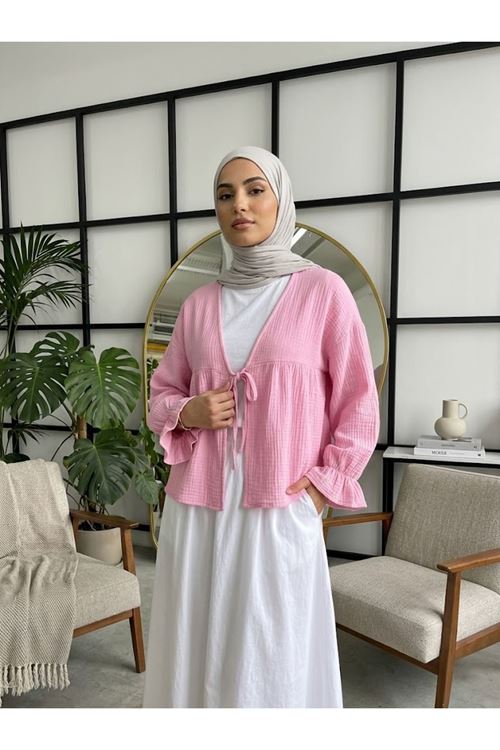 Önü Bağlamalı Kısa Kimono-Pembe
