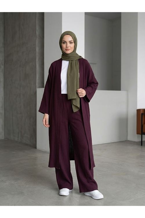 Lunsera Kadın Müslin Kumaş Kimono Pantolon Takım Açık Ön Rahat Kalıp Tesettür Takım-Bordo