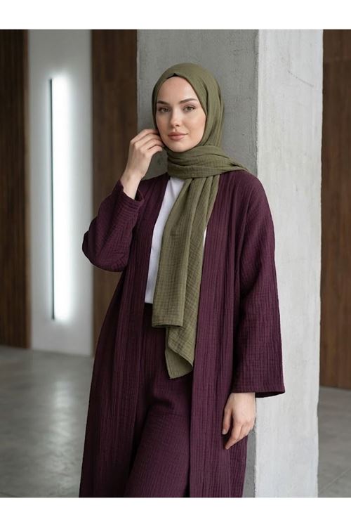 Lunsera Kadın Müslin Kumaş Kimono Pantolon Takım Açık Ön Rahat Kalıp Tesettür Takım-Bordo