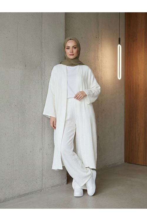 Lunsera Kadın Müslin Kumaş Kimono Pantolon Takım Açık Ön Rahat Kalıp Tesettür Takım-Ekru