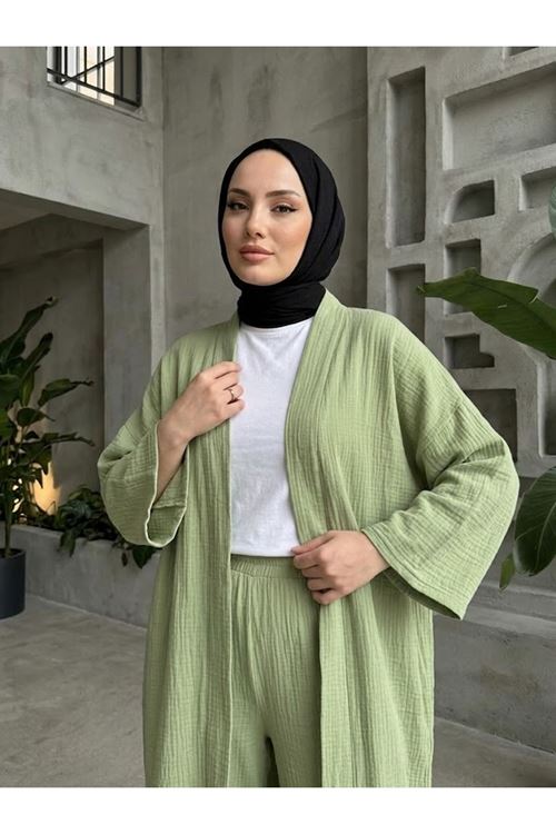 Lunsera Kadın Müslin Kumaş Kimono Pantolon Takım Açık Ön Rahat Kalıp Tesettür Takım-Mint