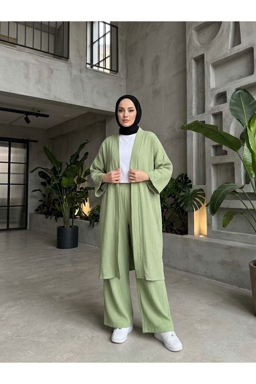 Lunsera Kadın Müslin Kumaş Kimono Pantolon Takım Açık Ön Rahat Kalıp Tesettür Takım-Mint