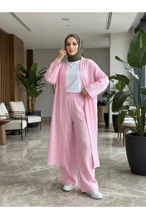 Lunsera Kadın Müslin Kumaş Kimono Pantolon Takım Açık Ön Rahat Kalıp Tesettür Takım-Pembe
