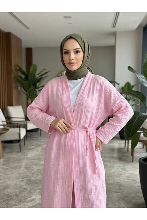 Lunsera Kadın Müslin Kumaş Kimono Pantolon Takım Açık Ön Rahat Kalıp Tesettür Takım-Pembe