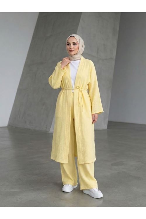 Lunsera Kadın Müslin Kumaş Kimono Pantolon Takım Açık Ön Rahat Kalıp Tesettür Takım-Sarı