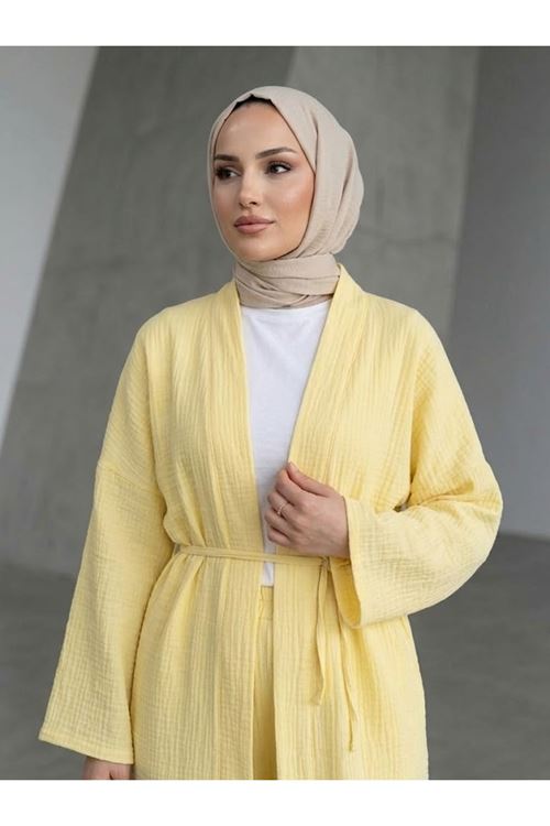 Lunsera Kadın Müslin Kumaş Kimono Pantolon Takım Açık Ön Rahat Kalıp Tesettür Takım-Sarı
