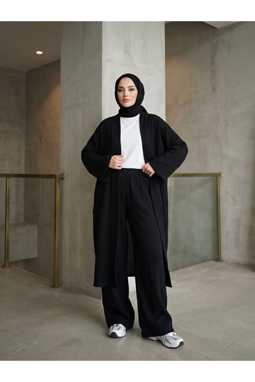 Lunsera Kadın Müslin Kumaş Kimono Pantolon Takım Açık Ön Rahat Kalıp Tesettür Takım-Siyah