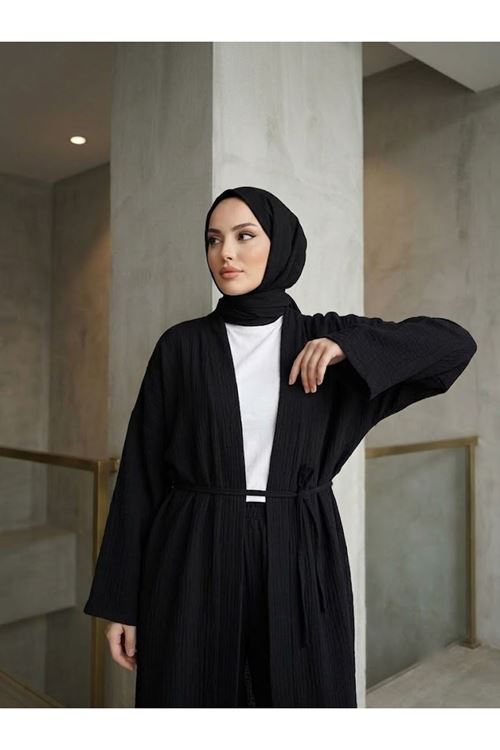 Lunsera Kadın Müslin Kumaş Kimono Pantolon Takım Açık Ön Rahat Kalıp Tesettür Takım-Siyah