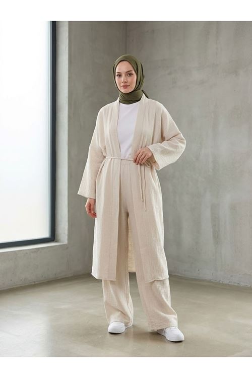 Lunsera Kadın Müslin Kumaş Kimono Pantolon Takım Açık Ön Rahat Kalıp Tesettür Takım-Taş
