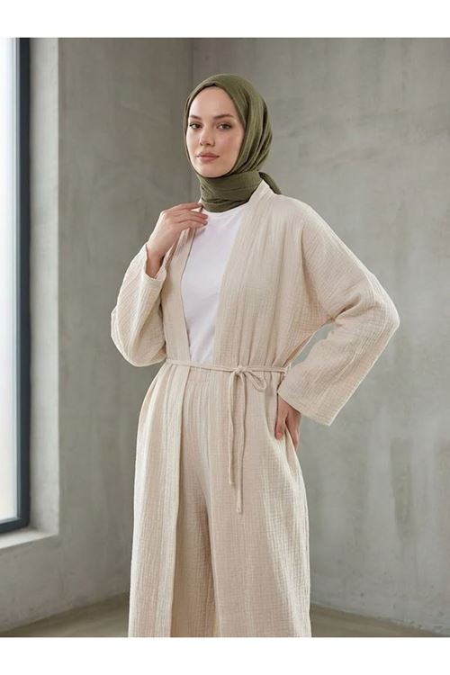 Lunsera Kadın Müslin Kumaş Kimono Pantolon Takım Açık Ön Rahat Kalıp Tesettür Takım-Taş