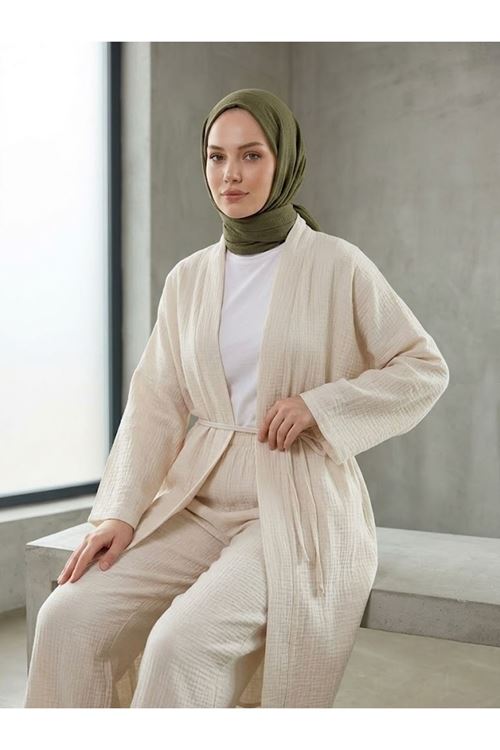 Lunsera Kadın Müslin Kumaş Kimono Pantolon Takım Açık Ön Rahat Kalıp Tesettür Takım-Taş