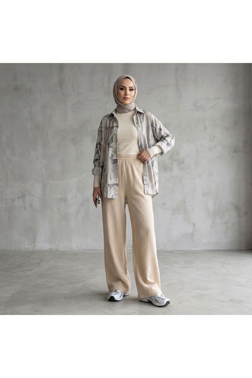 Lunsera Kadın Müslin Kumaş Geniş Paça Pantolon Lastikli Bel Günlük Tesettür Pantolon-Bej