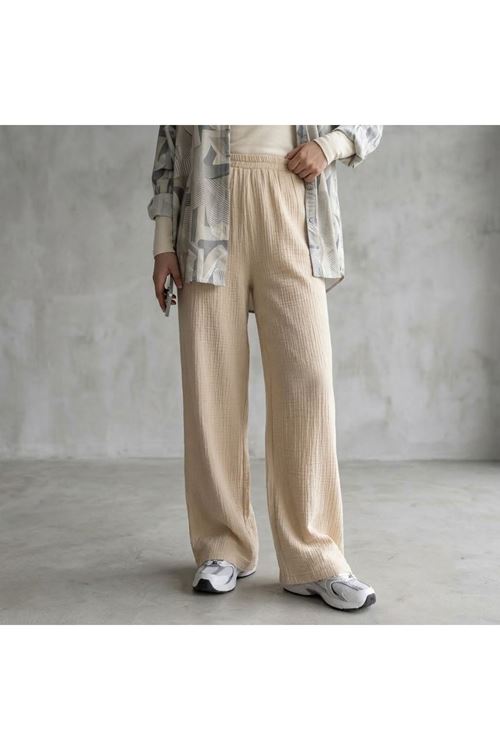 Lunsera Kadın Müslin Kumaş Geniş Paça Pantolon Lastikli Bel Günlük Tesettür Pantolon-Bej