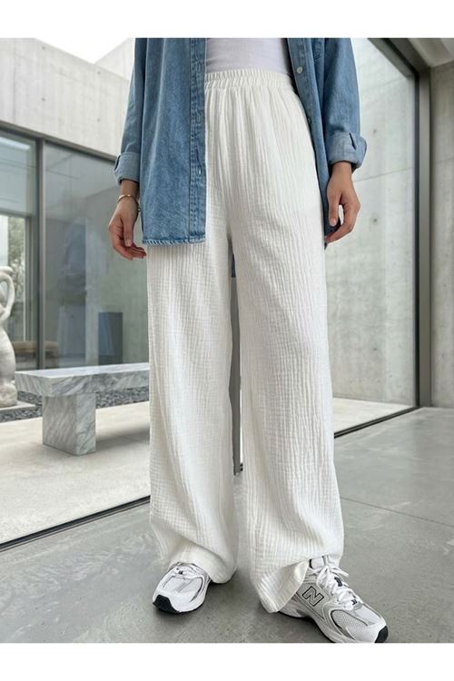 Lunsera Kadın Müslin Kumaş Geniş Paça Pantolon Lastikli Bel Günlük Tesettür Pantolon-Ekru