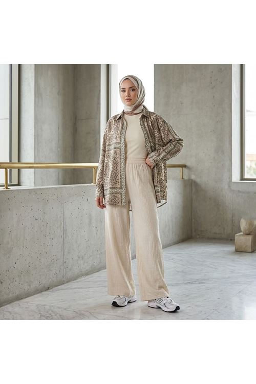 Lunsera Kadın Müslin Kumaş Geniş Paça Pantolon Lastikli Bel Günlük Tesettür Pantolon-Taş