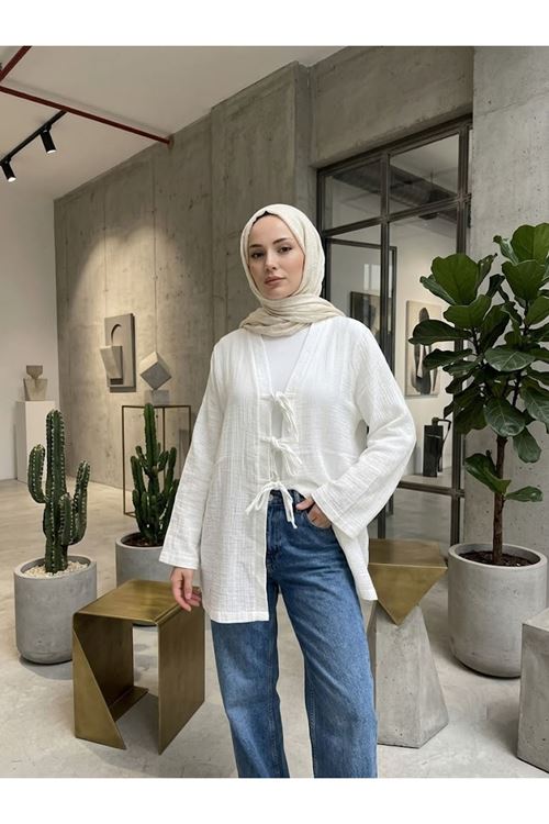 Lunsera Kadın Müslin Kumaş Ön Bağlama Detaylı Kimono Geniş Kol Tesettür Dış Giyim-Ekru