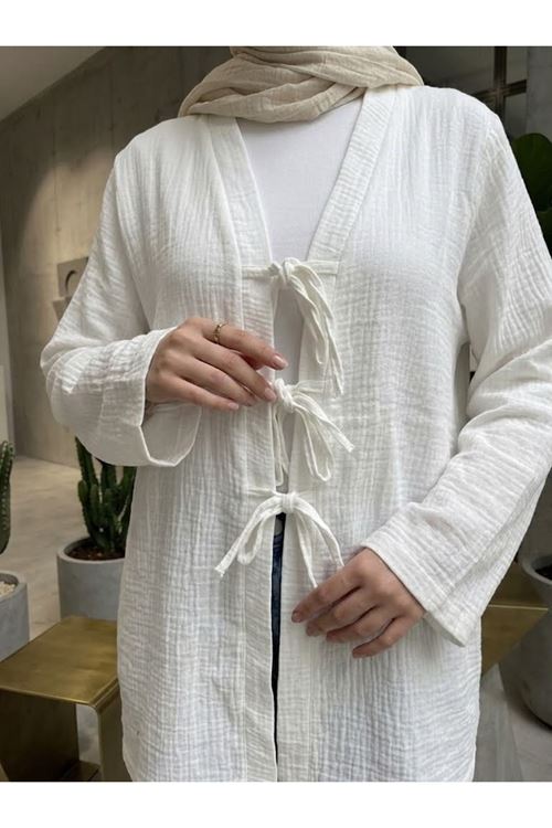 Lunsera Kadın Müslin Kumaş Ön Bağlama Detaylı Kimono Geniş Kol Tesettür Dış Giyim-Ekru