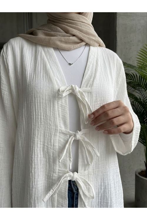 Lunsera Kadın Müslin Kumaş Ön Bağlama Detaylı Kimono Geniş Kol Tesettür Dış Giyim-Ekru