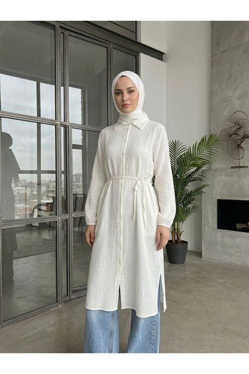 Lunsera Kadın Müslin Kumaş Düğmeli Uzun Tesettür Tunik Gömlek Yaka Günlük Rahat Kalıp-Ekru
