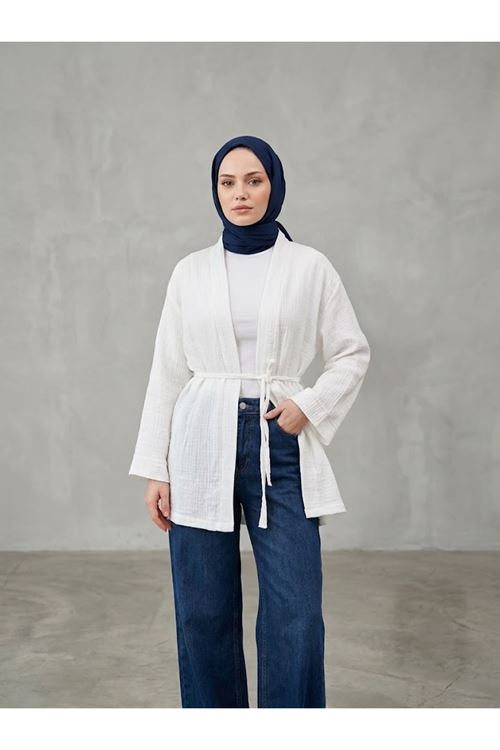 Lunsera Kadın Müslin Kumaş Cepsiz Kimono Bağlamalı Uzun Kollu Tesettür Kimono Rahat Kalıp- Ekru