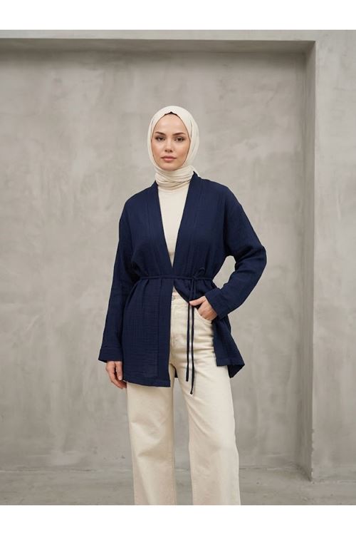 Lunsera Kadın Müslin Kumaş Cepsiz Kimono Bağlamalı Uzun Kollu Tesettür Kimono Rahat Kalıp- Lacivert