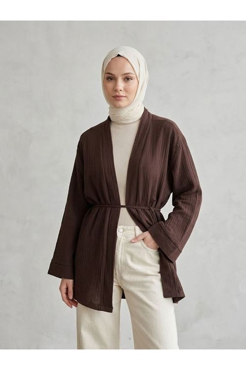 Lunsera Kadın Müslin Kumaş Cepsiz Kimono Bağlamalı Uzun Kollu Tesettür Kimono Rahat Kalıp- Kahve