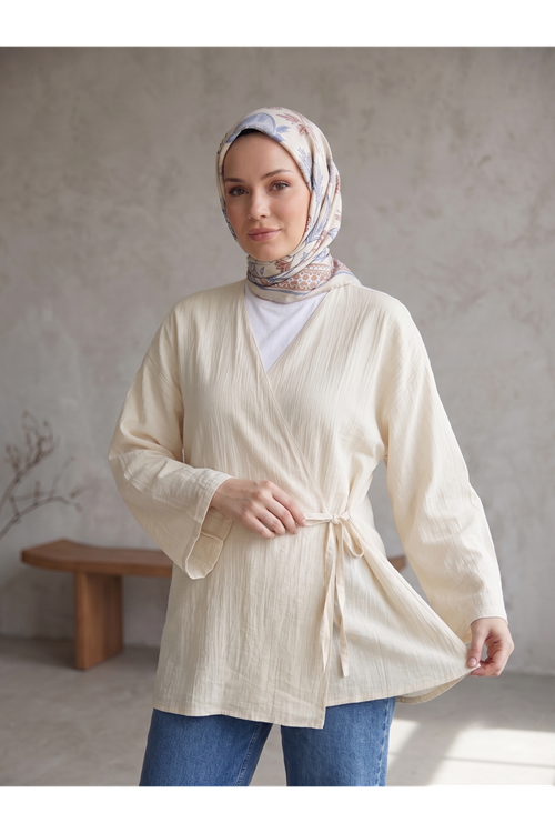 Lunsera Kadın Çilek Kumaş Kimono Bluz Yandan Bağlamalı Uzun Kollu Tesettür Bluz-Taş