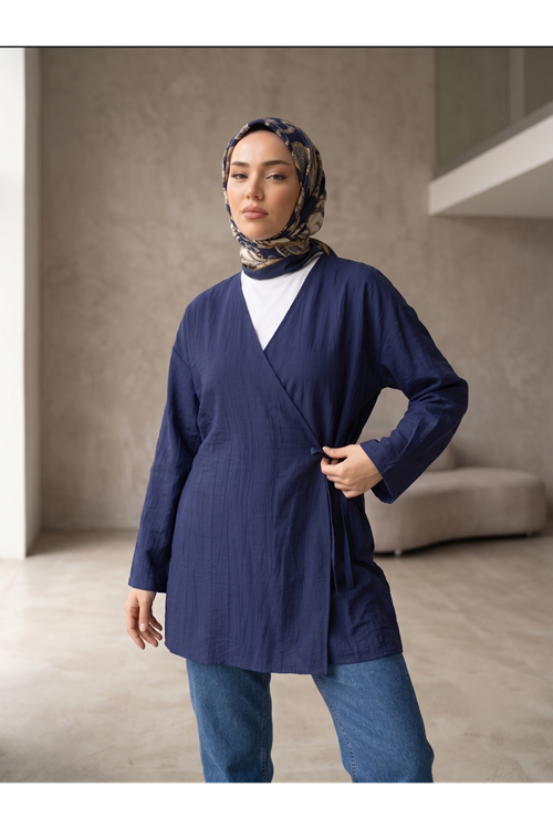 Lunsera Kadın Çilek Kumaş Kimono Bluz Yandan Bağlamalı Uzun Kollu Tesettür Bluz-Lacivert