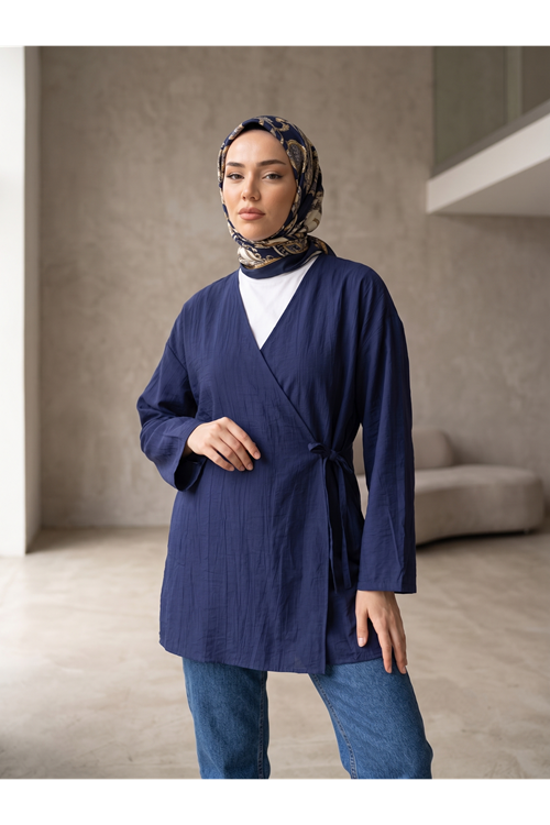 Lunsera Kadın Çilek Kumaş Kimono Bluz Yandan Bağlamalı Uzun Kollu Tesettür Bluz-Lacivert